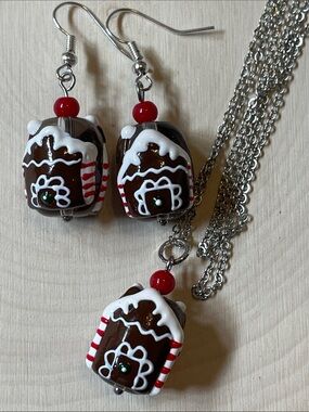 Gingerbread House Lampwork Glass Necklace & Earrings Set